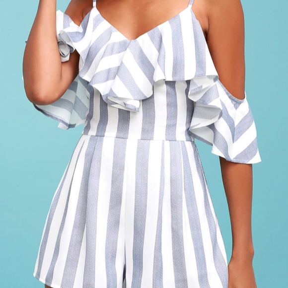 Lulus Pants - BLUE AND WHITE STRIPED OFF-THE-SHOULDER ROMPER